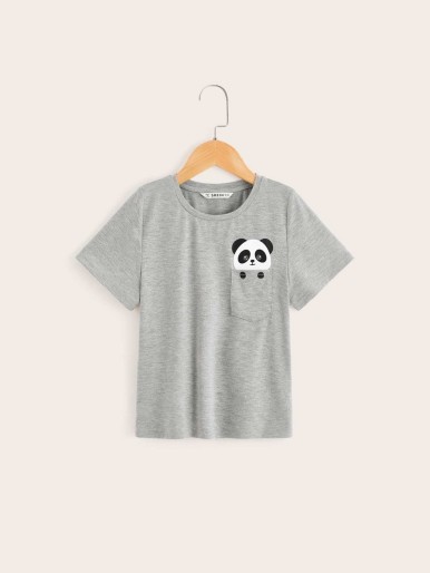 Gray Casual Animal Shirts Girls Pocket
