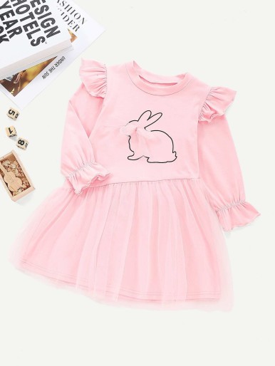 Toddler Girls Contrast Mesh Rabbit Print Dress