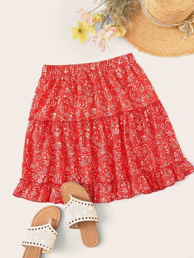 Plants Print Layered Ruffle Skater Skirt