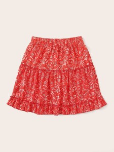 Plants Print Layered Ruffle Skater Skirt