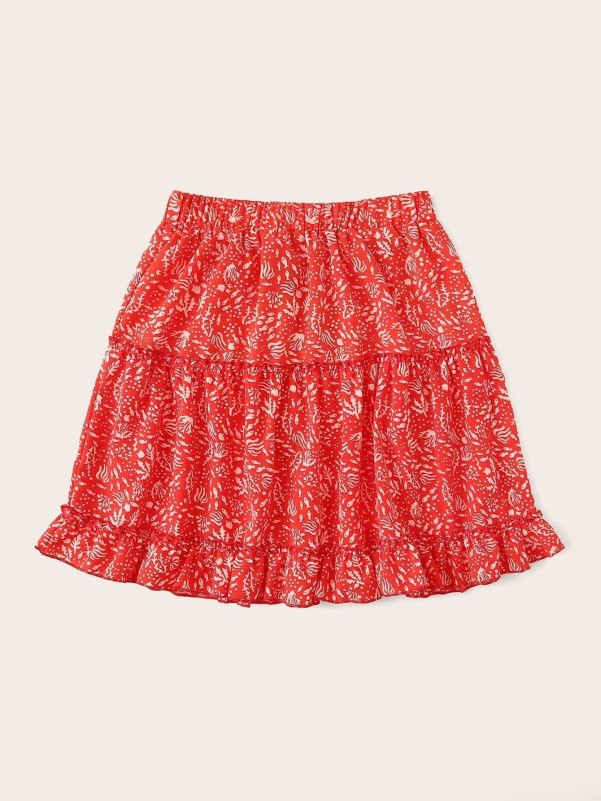 Plants Print Layered Ruffle Skater Skirt