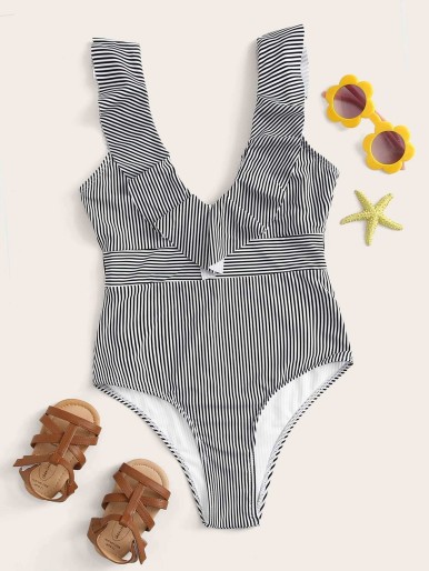 Girls Striped Ruffle Trim One Piece Swimwear