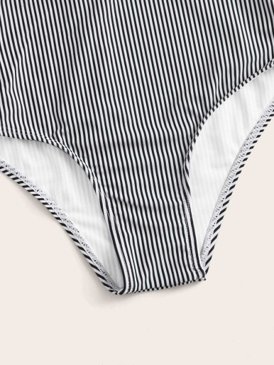 Girls Striped Ruffle Trim One Piece Swimwear