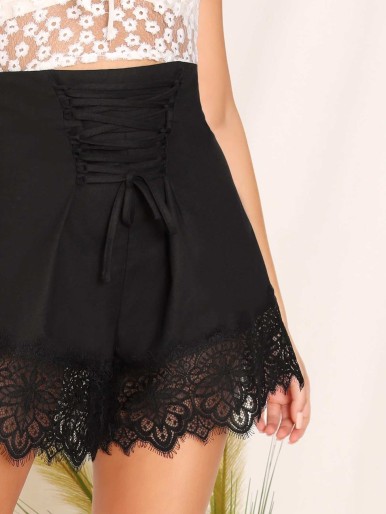 Lace Up Waist Guipure Lace Hem Shorts