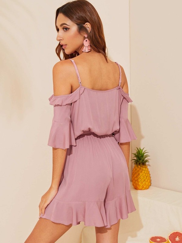 Cold Shoulder Half Placket Ruffle Romper