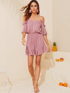 Cold Shoulder Half Placket Ruffle Romper