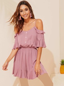 Cold Shoulder Half Placket Ruffle Romper