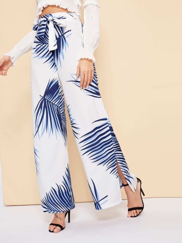 Plants Print Wide Leg Pants