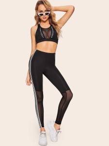 Side Striped Tape Sheer Mesh Leggings