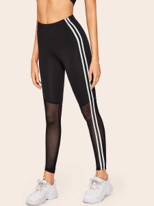 Side Striped Tape Sheer Mesh Leggings