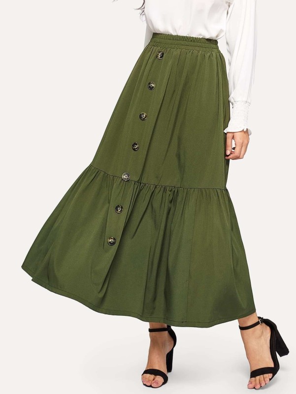 Button Up Ruffle Hem Skirt