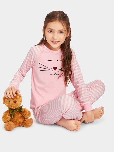 Girls Cartoon Graphic Striped Pajama Set
