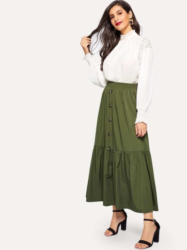 Button Up Ruffle Hem Skirt