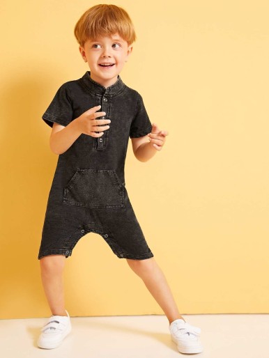 Toddler Boys Half Button kangaroo Pocket Denim Jumpsuit