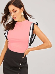 Mock Neck Striped Pleated Ruffle Armhole Top