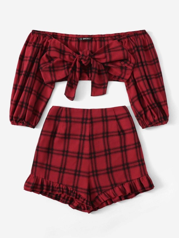 Plaid Print Knot Bardot Top & Frilled Shorts Set