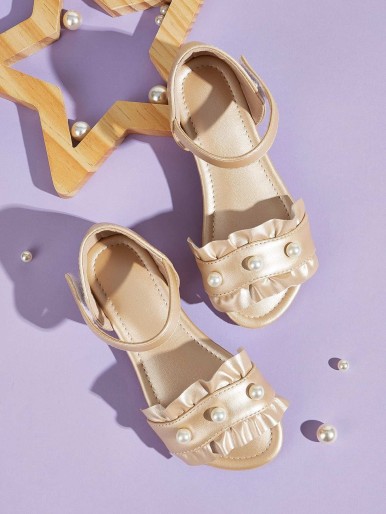 Girls Faux Pearl & Ruffle Decor Ankle Strap Sandals