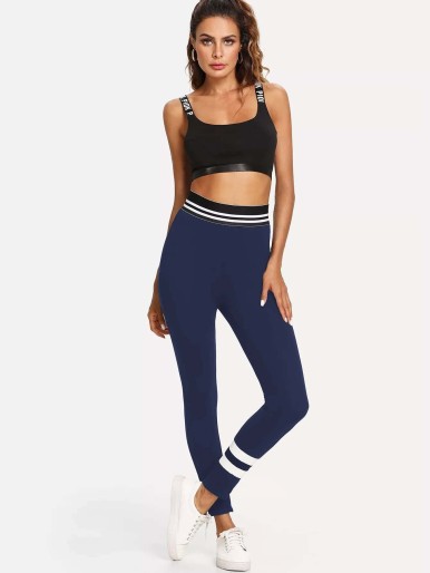 Contrast Waistband Striped-panel Leggings