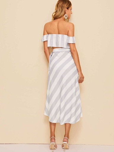 Off Shoulder Striped Crop Top & Knotted Wrap Skirt Set