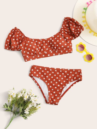 Girls Polka Dot Short Sleeve Bikini Set