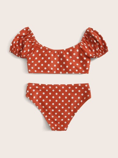 Girls Polka Dot Short Sleeve Bikini Set