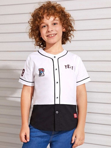 Boys Letter Graphic Embroidery Colorblock Shirt