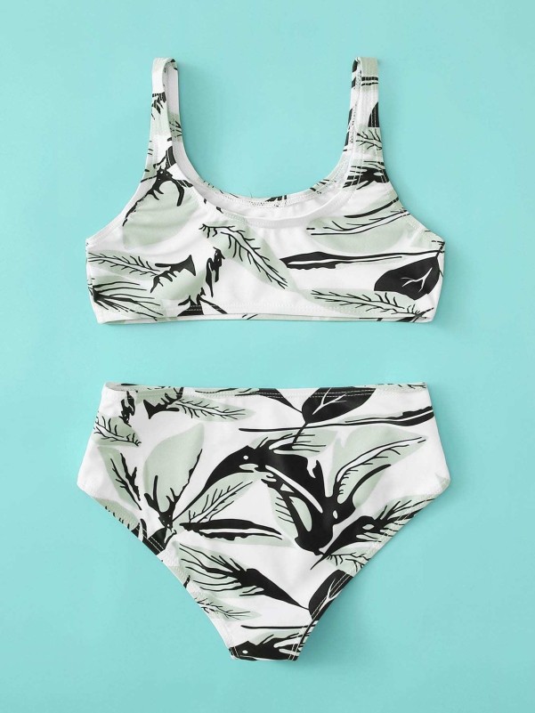 Girls Leaf Print High Waisted Bikini Swimsuit