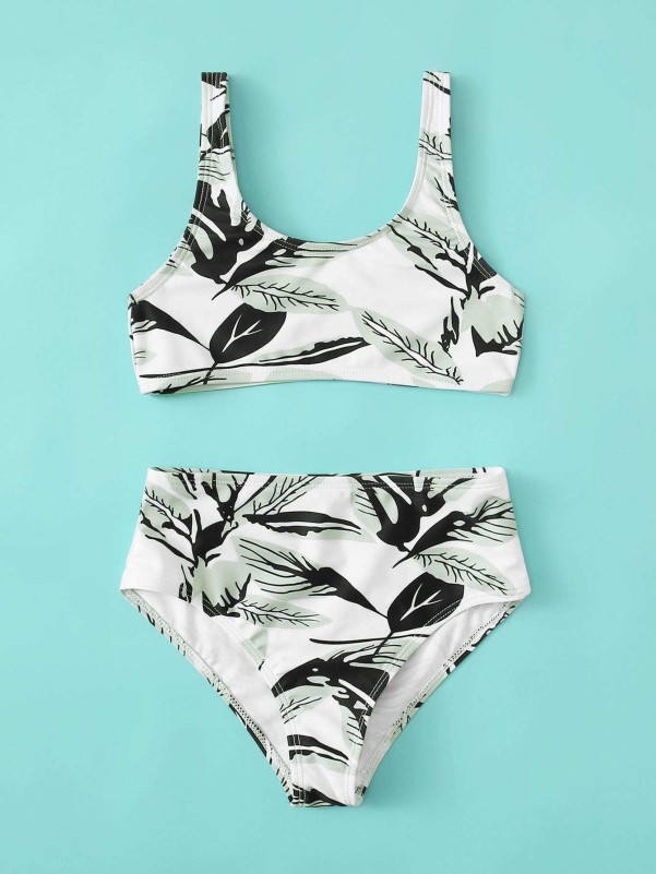 Girls Leaf Print High Waisted Bikini Swimsuit