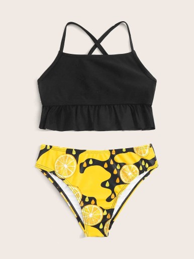 Girls Ruffle Trim Criss Cross Top With Lemon Print Panty Bikini