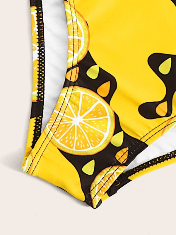 Girls Ruffle Trim Criss Cross Top With Lemon Print Panty Bikini