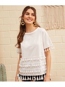 Tiered Tassel Drop Shoulder Tee