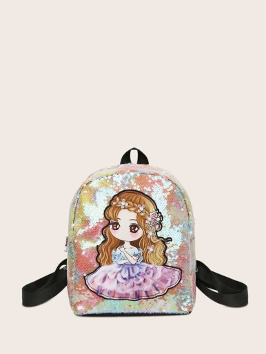 Girls Doll Graphic Sequins Decor Backpack