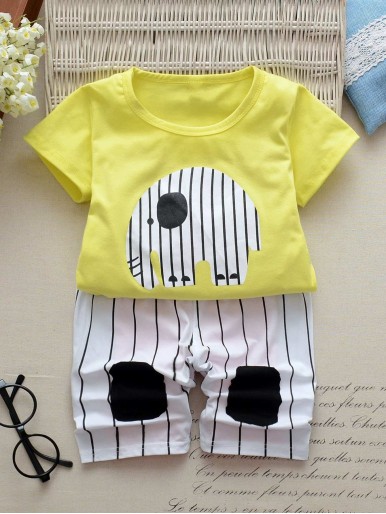 Toddler Boys Elephant & Stripe Print Tee With Shorts