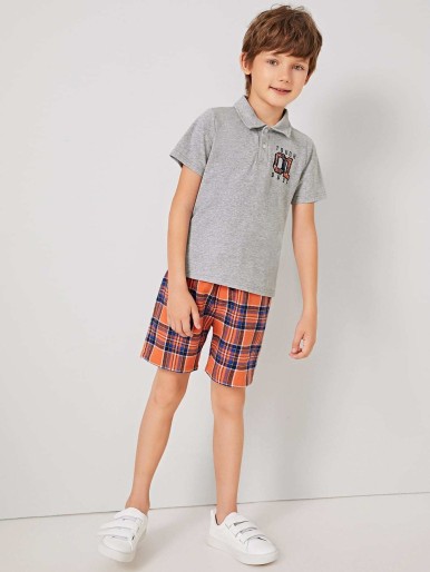 Boys Patched Embroidery Detail Polo Shirt & Plaid Shorts Set