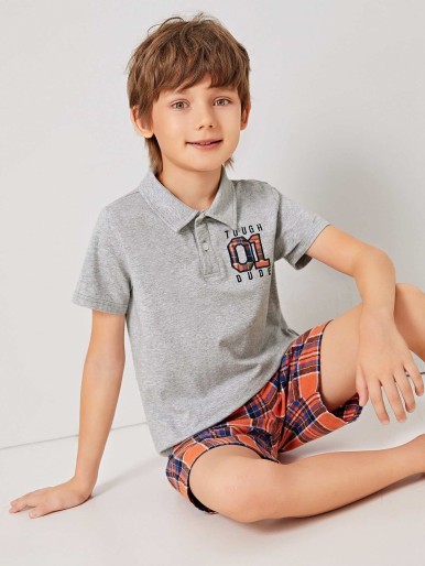Boys Patched Embroidery Detail Polo Shirt & Plaid Shorts Set