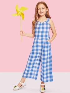 Girls Self Tie Shoulder Plaid Jumpsuit