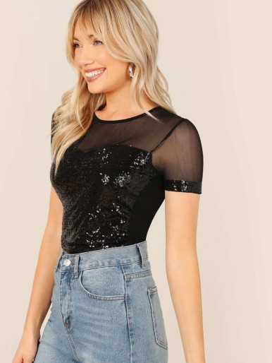 Mesh Yoke Sequin Patched Tee