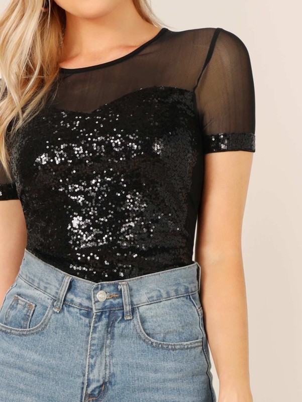 Mesh Yoke Sequin Patched Tee