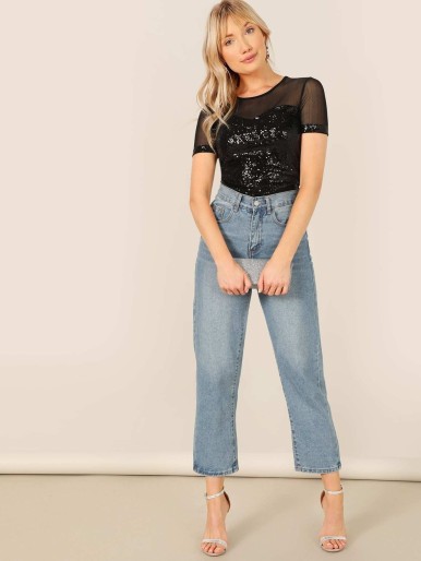 Mesh Yoke Sequin Patched Tee
