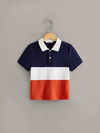 Boys Contrast Collar Colorblock Polo Shirt