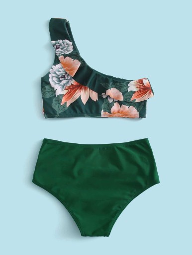 Girls Floral Ruffle One Shoulder Bikini Swimsuit