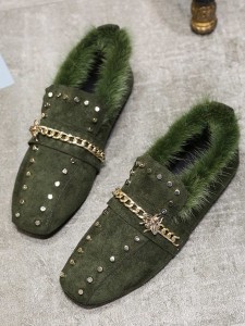 Studded Chain Detail Flat Mules With Faux Fur