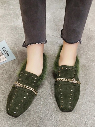 Studded Chain Detail Flat Mules With Faux Fur