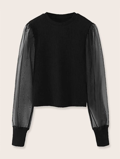 Mesh Panel Ribbed Knit Sweater