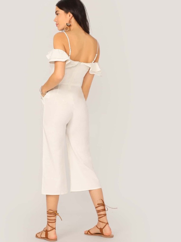 Ruffle Foldover Slant Pocket Wide Leg Cami Jumpsuit