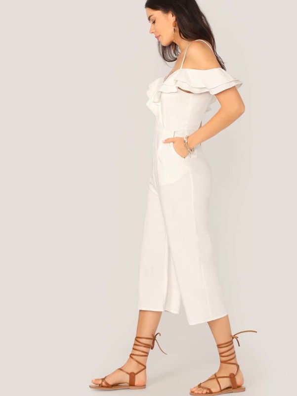 Ruffle Foldover Slant Pocket Wide Leg Cami Jumpsuit