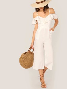 Ruffle Foldover Slant Pocket Wide Leg Cami Jumpsuit