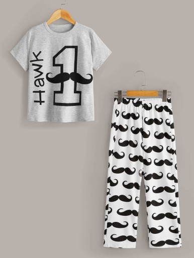 Boys Mustache & Letter Print Pajama Set