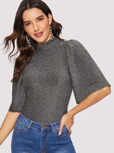 Trumpet Sleeve Mock-neck Glitter Top