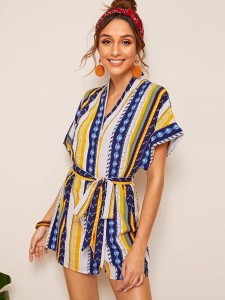 Tribal & Geo Print Cuffed Sleeve Belted Romper